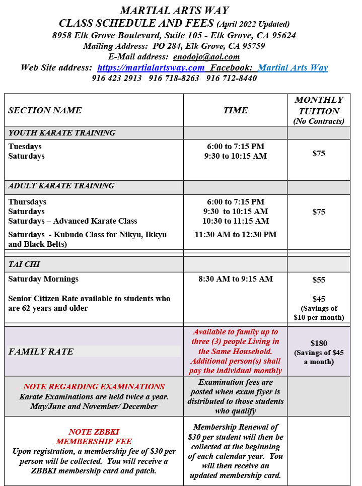 Class Schedule and Fees